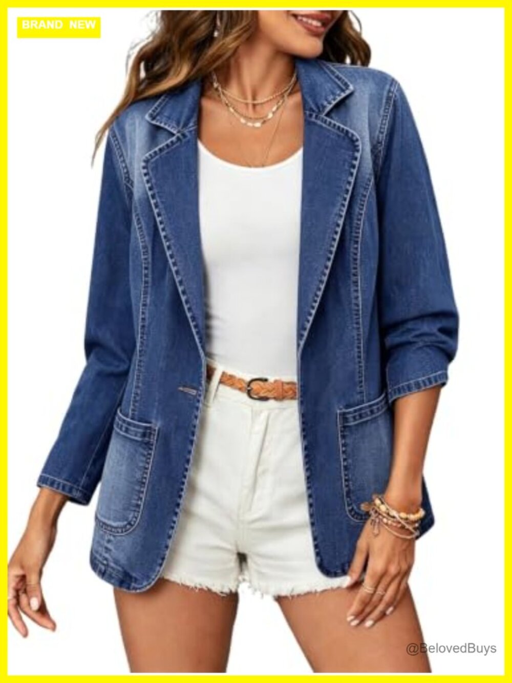 Notched Lapel Denim Blazer One Button Long Sleeve Slim Jean Jacket